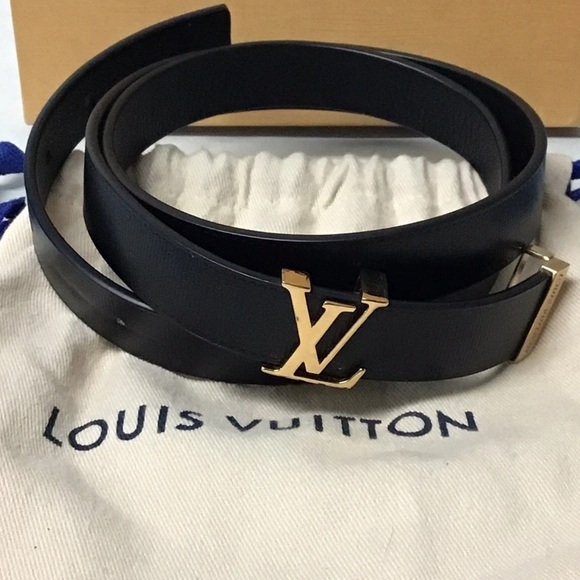 Authentic Louis Vuitton Black Thin Leather Belt with Gold Emblem